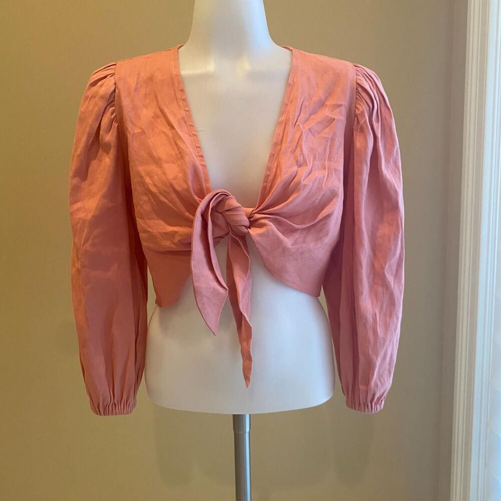 EXPRESS Linen Blend Tie Front Cropped Blouse Pink Puff Sleeve Size S